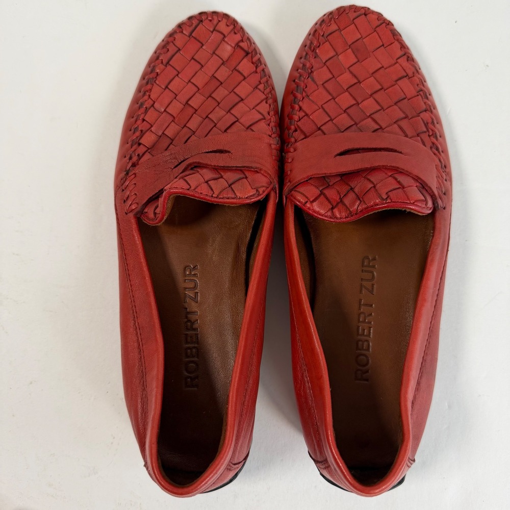 Robert Zur Red Woven Leather Driving Loafers 7.5 Italy Quiet Luxury Preppy - Picture 8 of 9
